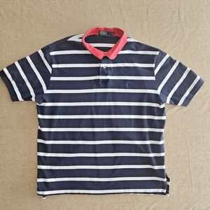 Polo by Ralph Lauren Navy and White Striped Shirt with Red Collar